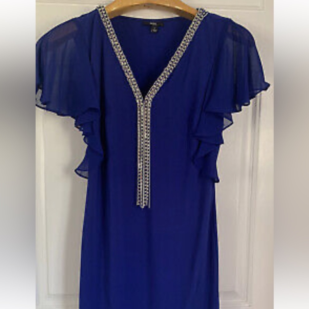 Beautiful Womens Royal Sapphire Blue Chandelier Necklace Dress w/Sheer Sleeve